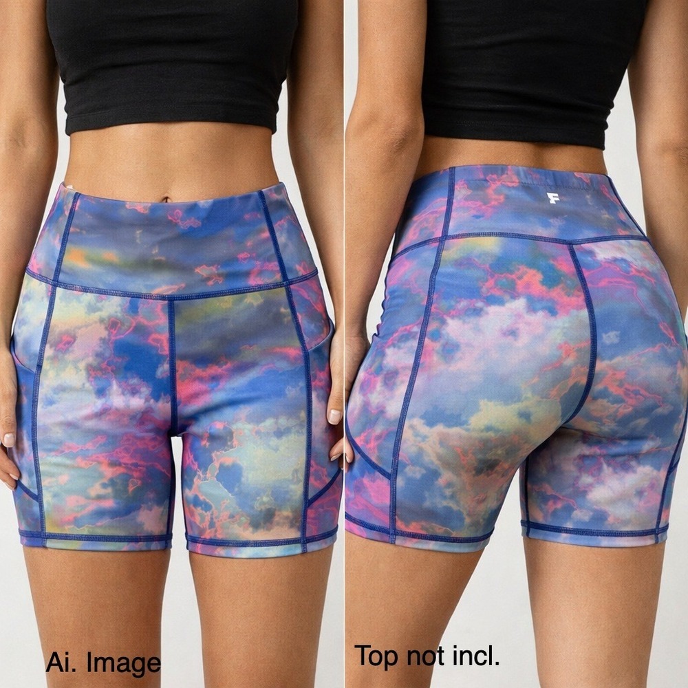 Fabletics PureLuxe High Waist Biker Shorts Blue Pink Nebula‎ Cloud Print Pockets